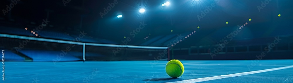 A tennis ball lies on a vibrant blue court under the illumination of bright stadium lights