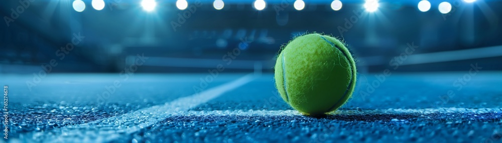 Fototapeta premium A tennis ball lies on a vibrant blue court under the illumination of bright stadium lights