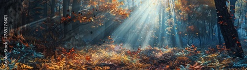 A Panoramic view of sunlight streaming through a dense forest © Creative_Bringer