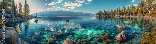 A panoramic view of the crystal clear and tranquil waters of Lake Tahoe surrounded by forested mountains.