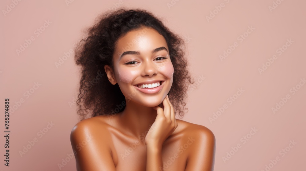 Obraz premium Radiant Beauty. Young Women with Glowing Skin, Skincare Routine, Mask, cream. Portrait on Pink Background