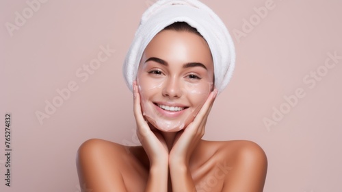Radiant Beauty. Young Women with Glowing Skin, Skincare Routine, Mask, cream. Portrait on Pink Background