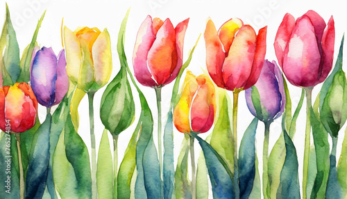 watercolor row of colorful tulip flowers on white background #765274854