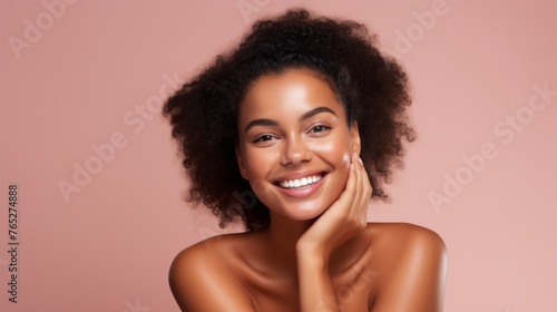 Radiant Beauty. Young Women with Glowing Skin, Skincare Routine, Mask, cream. Portrait on Pink Background