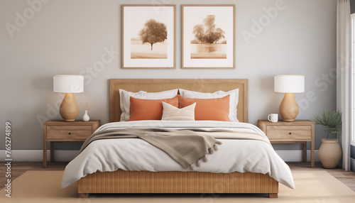 Warm and inviting master bedroom interior with a comfortable bed, stylish nightstands, and beautiful artwork on the walls.