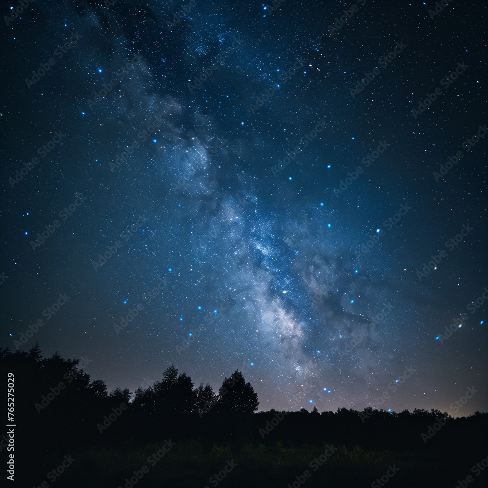 Starry Night Sky Over Tranquil Forest Landscape