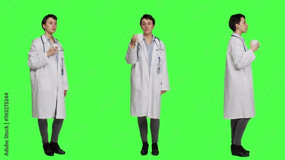 Woman physician drinking a cup of coffee against greenscreen backdrop, taking a break from medical work. Specialist serving caffeine refreshment in studio, wearing a white coat. Camera A. Woman physician drinking a cup of coffee against greenscreen backdrop, taking a break from medical work. Specialist serving caffeine refreshment in studio, wearing a white coat. Camera A.