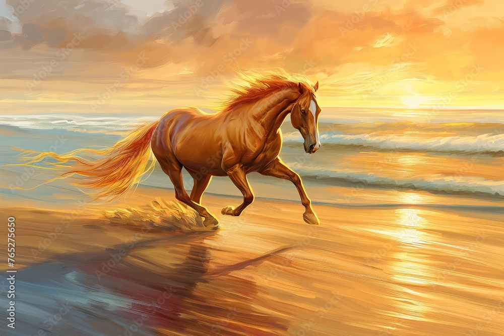 A horse with a flowing mane trotting gracefully along a sandy beach at sunrise - obrazy, fototapety, plakaty 