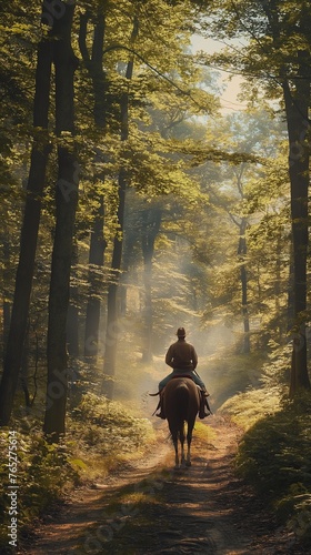 A horse and rider traversing a winding forest trail, surrounded by towering trees and dappled sunlight © Image Studio
