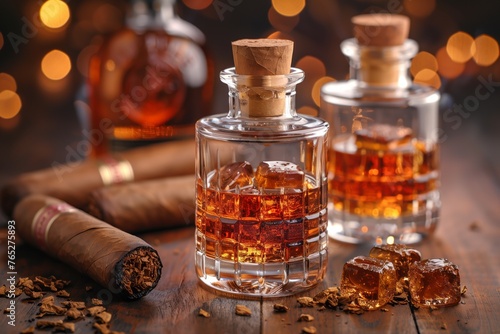 Three bottles of Disaronno, two cigars, and ice cubes displayed on a wooden table for a luxurious evening of enjoying alcoholic beverages and smoking photo