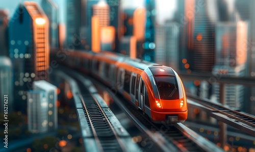 Ein Zug fährt durch die Stadt, Stadt mit fokussierten Wolkenkratzern und verschwommenen niedrigen Gebäuden auf abstraktem Hintergrund photo