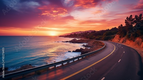 Highway landscape at colorful sunset with a road view 