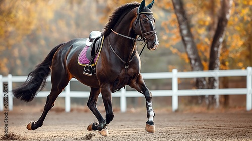 A beautiful horse with a colorful saddle trotting elegantly around an arena during a dressage competition