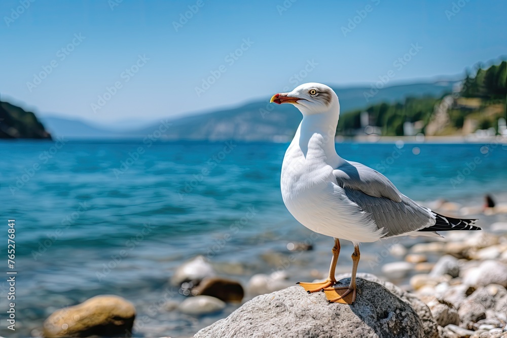 Wild seagull on blue waves background, close up, copy space Wild seagull on blue waves background, close up, copy space