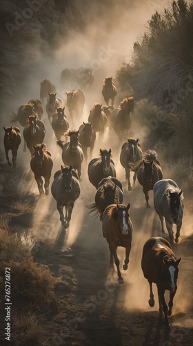 A herd of wild horses running together across a rugged landscape, kicking up dust and rocks