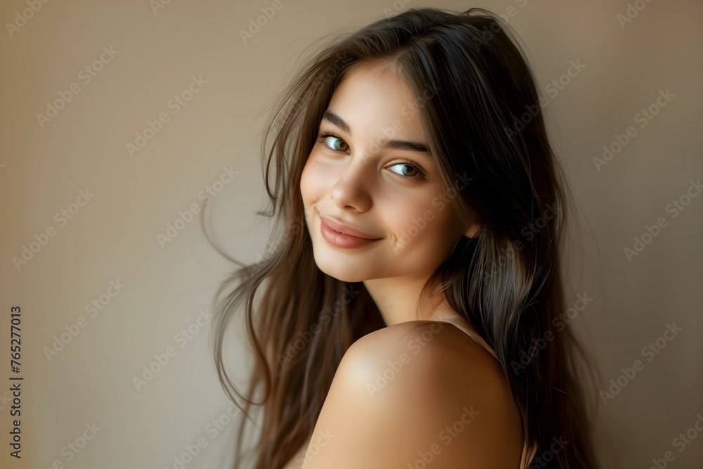 Confident young woman with charming smile on clean background. Positive human expressions 