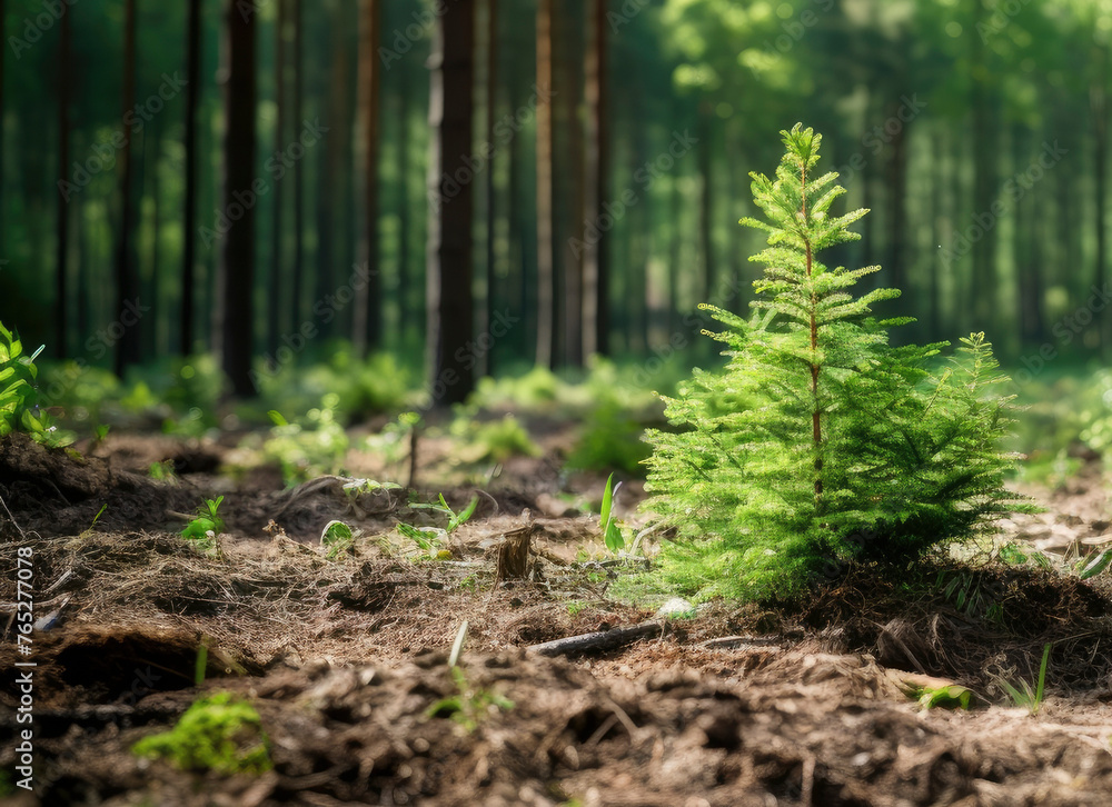 Small spruce sapling on empty forest glade, forest conservation, close-up, copy space