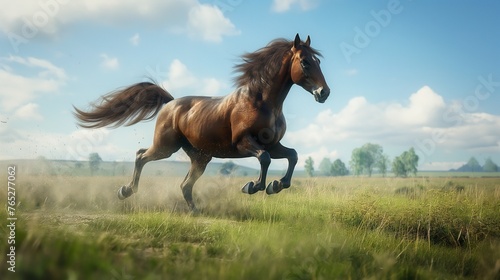 A majestic horse galloping freely across a vast open field, mane and tail flowing in the wind