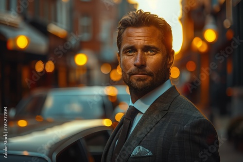 A man with a beard in a suit and tie is standing in front of a personal luxury car on a city street. The cars automotive design and lighting are highlighted in the flash photography © RichWolf
