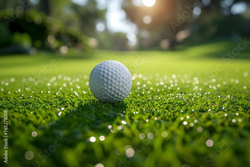Extreme Nahaufnahme eines Golfballs auf dem Grün, neben dem Loch, Hole-in-One