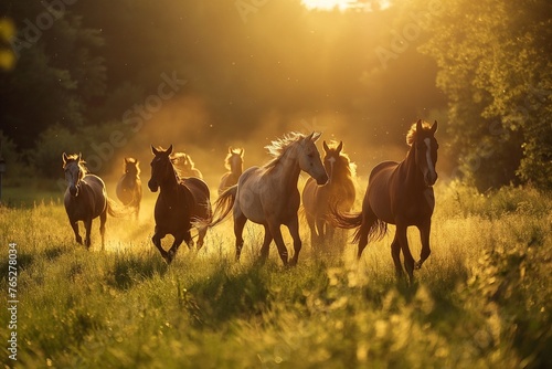 A group of horses frolicking playfully in a sunlit meadow, tails swishing with excitement