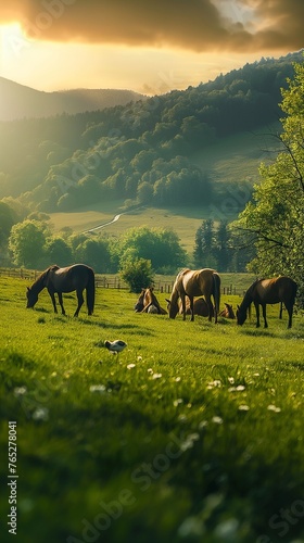 A group of horses grazing peacefully in a lush green pasture, under the warm glow of the sun