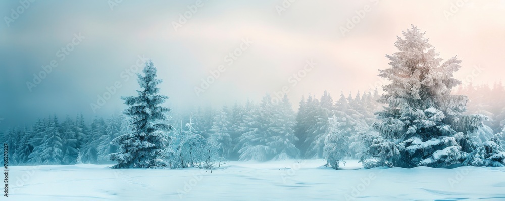 A snowy landscape with trees and a bright orange sky