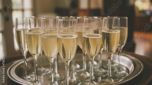 A row of delicate champagne flutes lined up on a silver tray, ready for a celebration
