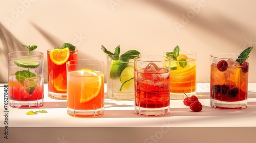A set of sleek  modern glass tumblers filled with colorful cocktails  garnished with fresh fruit