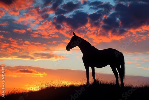 A beautiful horse standing on a hilltop, silhouetted against a vibrant sky filled with clouds