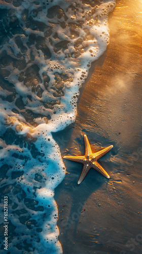Beach in summer with golden sand, blue sea and starfish © Maizal