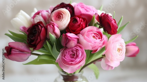 A charming bouquet of ranunculus and tulips  blending shades of pink and red for a romantic touch