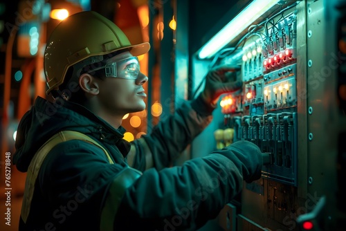 Elektriker arbeitet an einem Schaltkasten, Mann in Kleidung eines Handwerkers