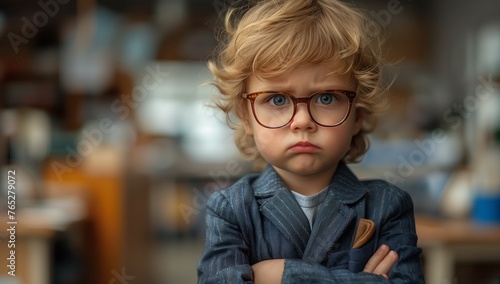 A young boy in glasses and a suit is playfully making a funny face, showcasing his happy smile. His eyewear adds a charming touch to his toddler look