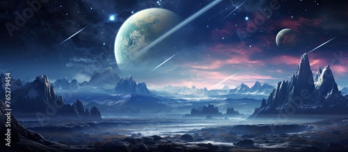 The image depicts the scenic view of a distant planet with a majestic mountain range under a vast sky in the background