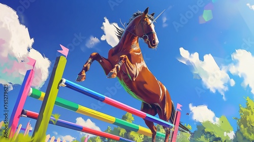 A spirited horse jumping gracefully over a series of colorful obstacles on an equestrian course