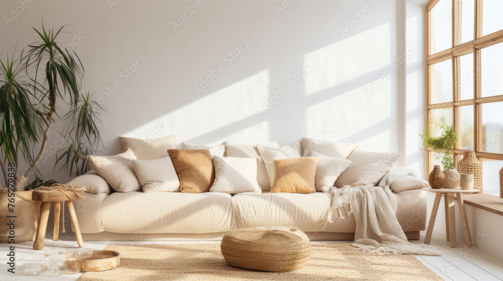 Fototapeta premium Beige fabric sofa against window. Boho home interior design of modern living room Generative AI