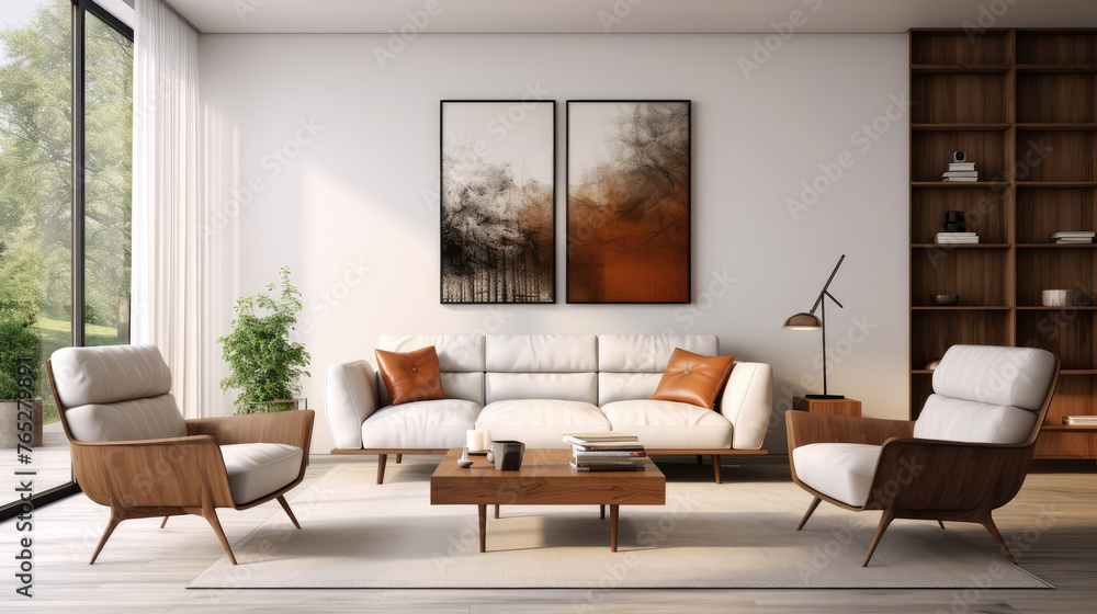 Mid-century style home interior design of modern living room with white sofa and brown leather armchairs Generative AI