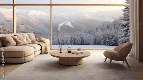 Scandinavian minimalist home interior design of modern living room. Generative AI © Fang