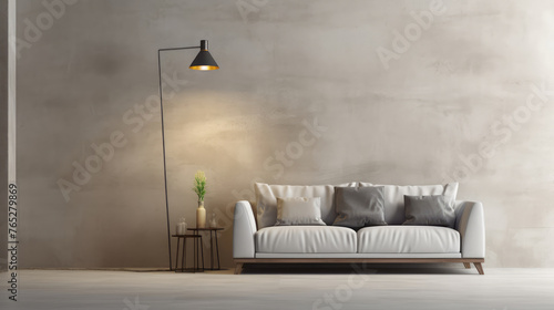 Beige rustic sofa and floor lamp against concrete wall with copy space. Minimalist home interior design of modern living room. Generative AI