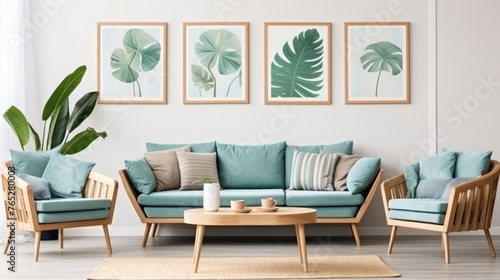 Teal sofa and armchair against white wall with three art posters. Scandinavian style home interior design of modern living room. Generative AI