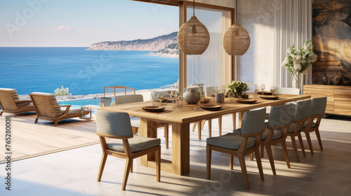 Mediterranean interior design of modern dining room in seaside villa with stunning sea view. Generative AI © Fang