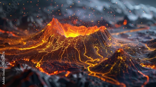 Computer-generated depiction of a volcano erupting at night, spewing lava and ash into the dark sky.