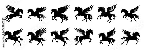 Pegasus silhouettes set, large pack of vector silhouette design, isolated white background. © FutureFFX