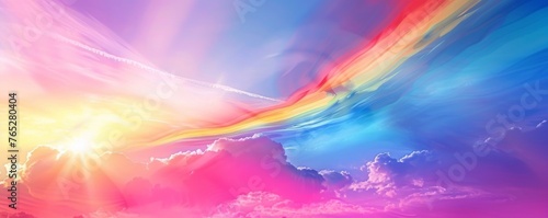A colorful sky with a rainbow and clouds