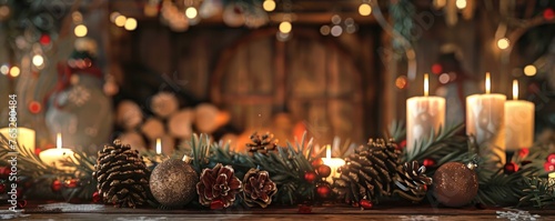 A Christmas scene with a fireplace and pine cones