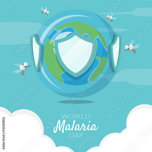 World Malaria Day poster with the earth has a protective shield from mosquito bites