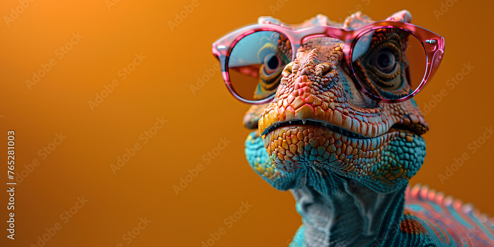 portrait of a head of a horse, Chameleon Wearing Sunglasses on a Solid Color Background