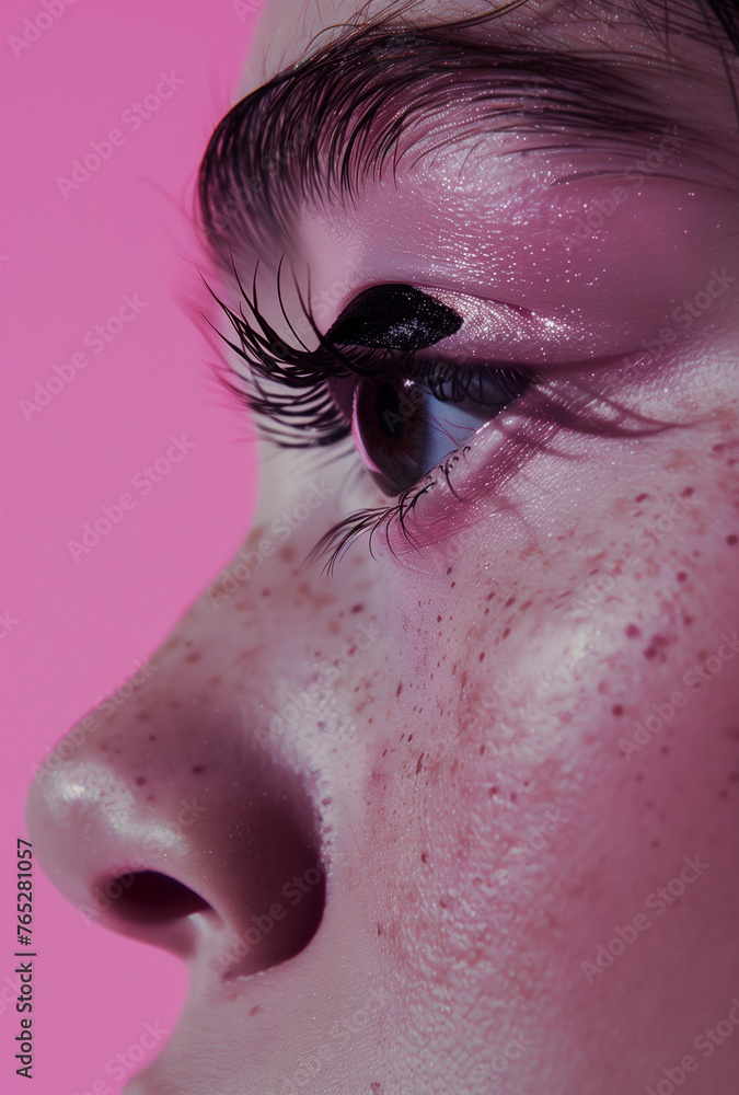 Close-up profile of a freckled girl.Minimal creative nature and medical concept.Trendy social mockup or wallpaper with copy space.Suitable for advertising cosmetic surgery clinics