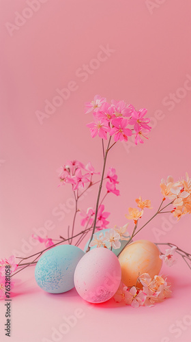 easter eggs and flowers.Minimal creative Easter food and party concept.Copy space,top view,flat lay..Generative AI	
